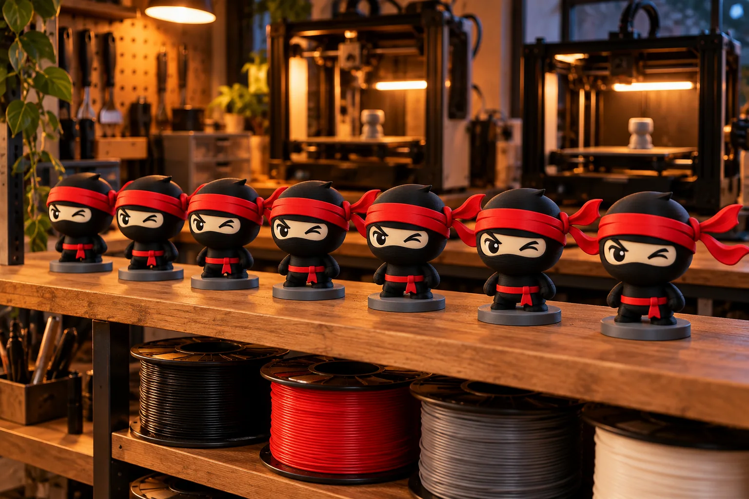 Pracownia Ninja Figure: drukarki 3D i półka z figurkami
